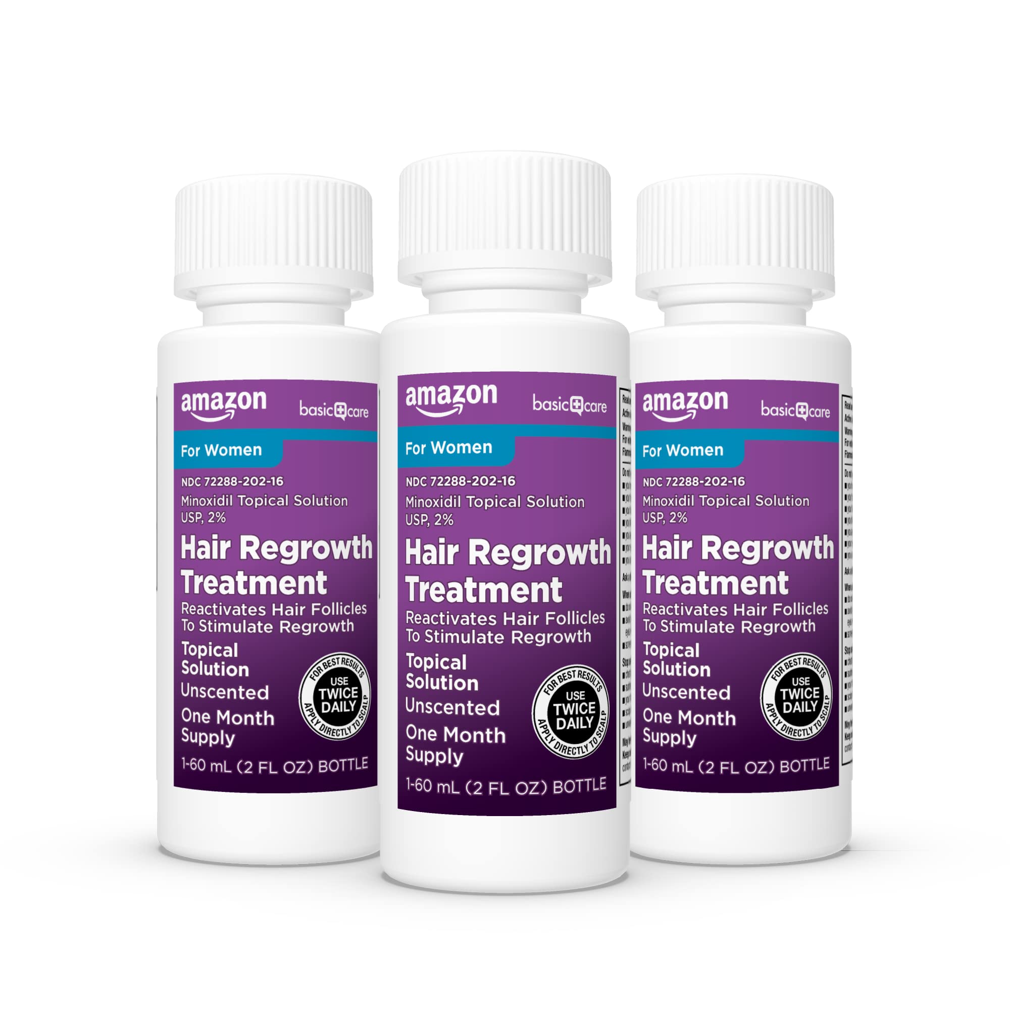Triple-pack packaging of Amazon Basic Care minoxidil for convenience
