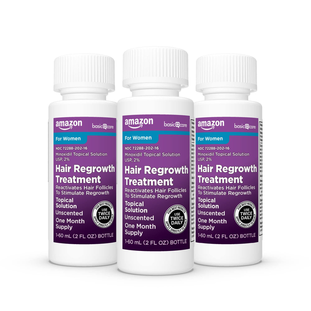 Triple-pack packaging of Amazon Basic Care minoxidil for convenience