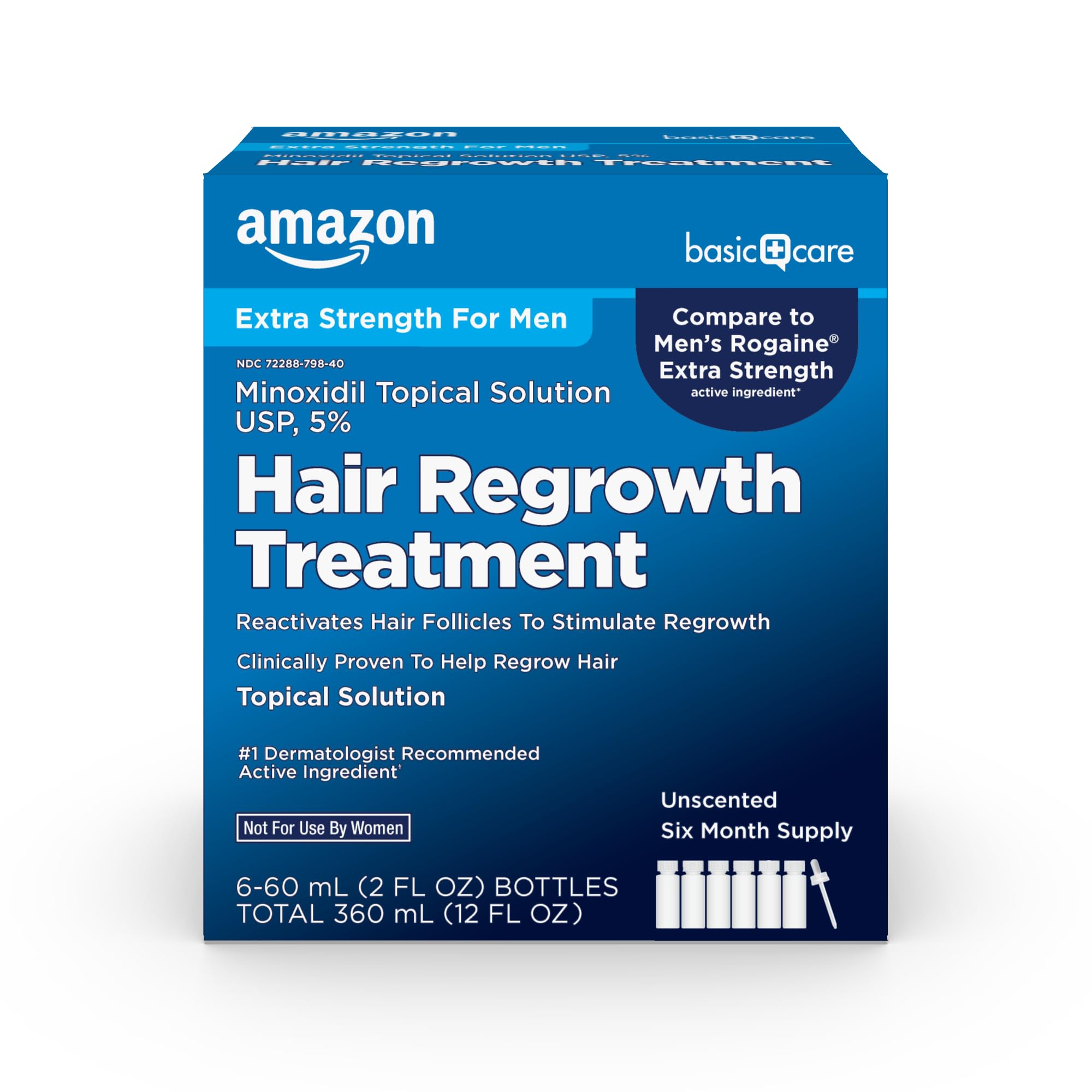Amazon Basic Care Minoxidil 5% bottle designed for crown thinning and easy daily use.