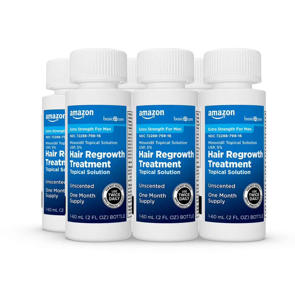 Amazon Basic Care Minoxidil 5% front box highlights unscented, men’s hair regrowth solution.