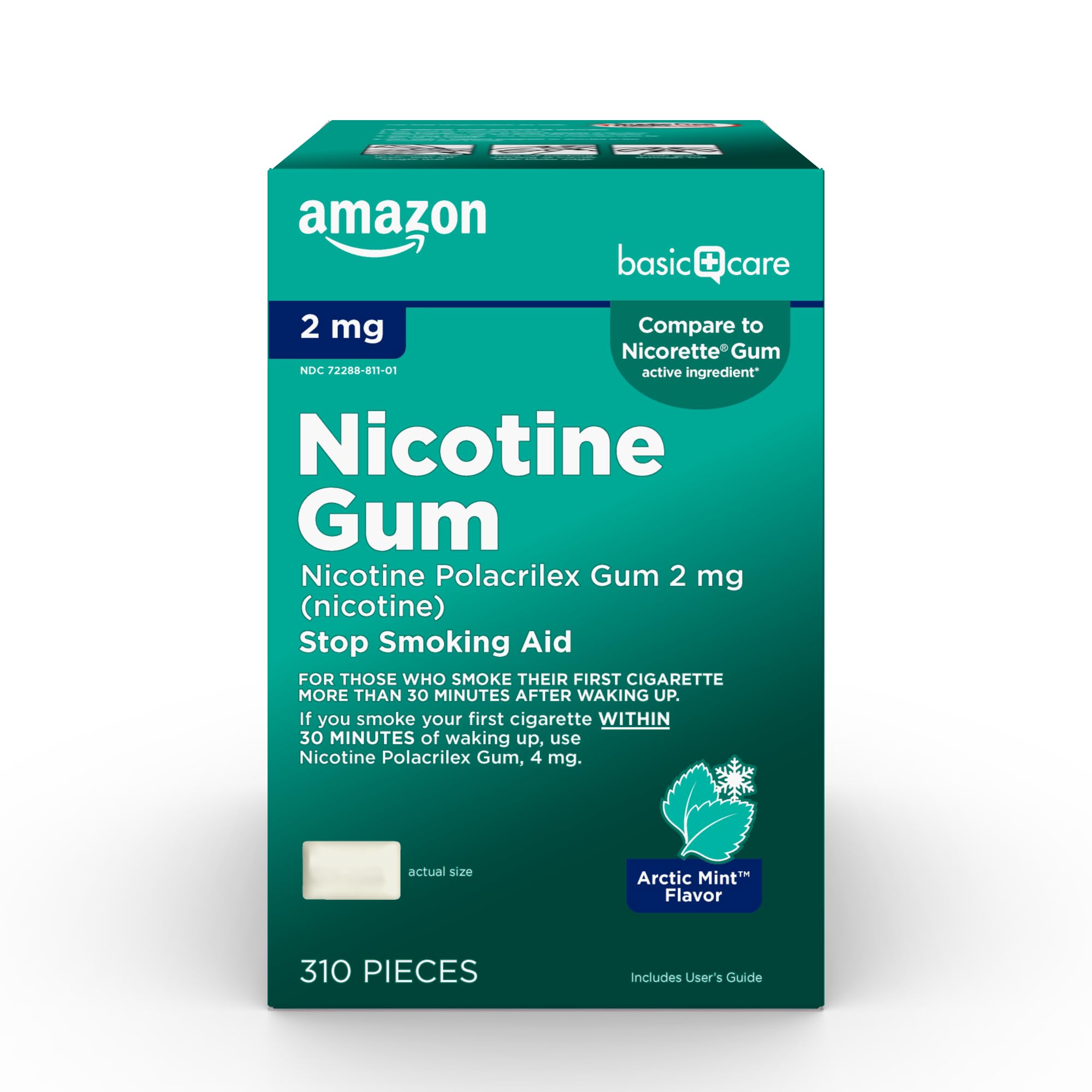 Amazon Basic Care nicotine gum 2 mg Arctic Mint on box front for craving relief