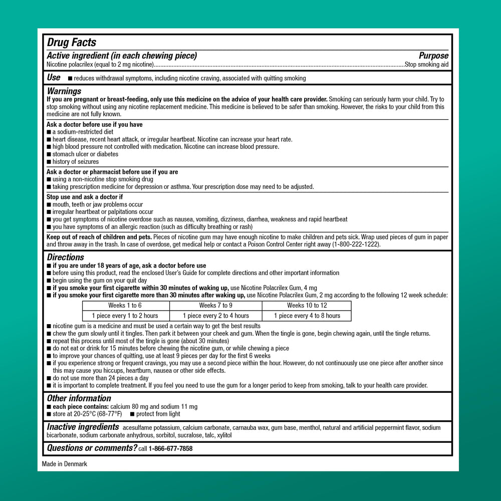 Amazon Basic Care nicotine gum 2 mg Arctic Mint label closeup highlighting active ingredient