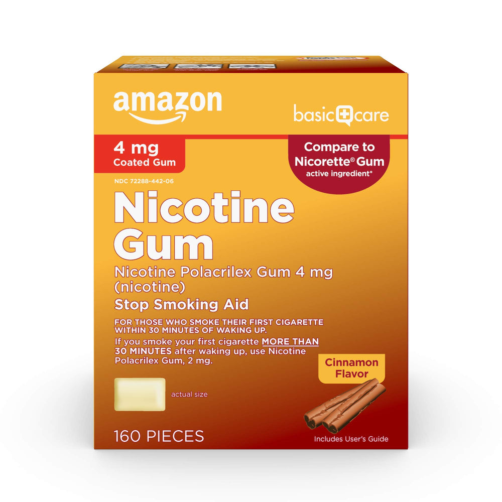 Amazon Basic Care nicotine gum 4 mg cinnamon pack front promotes easy craving management