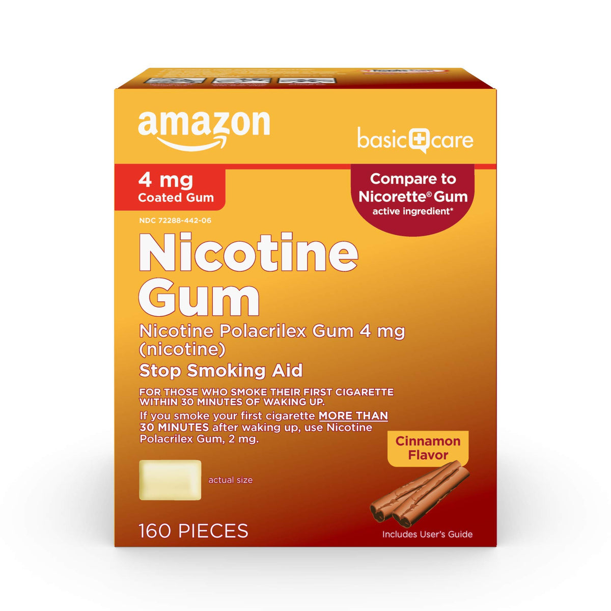 Amazon Basic Care nicotine gum 4 mg cinnamon pack front promotes easy craving management