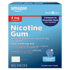 Amazon Basic Care Nicotine Gum 4 mg coated in Ice Mint pack helps manage cravings.