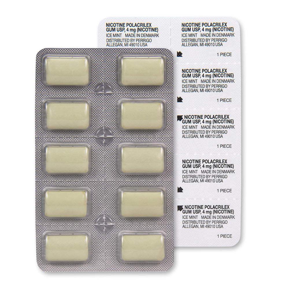 Amazon Basic Care Nicotine Gum 4 mg coated texture close-up.