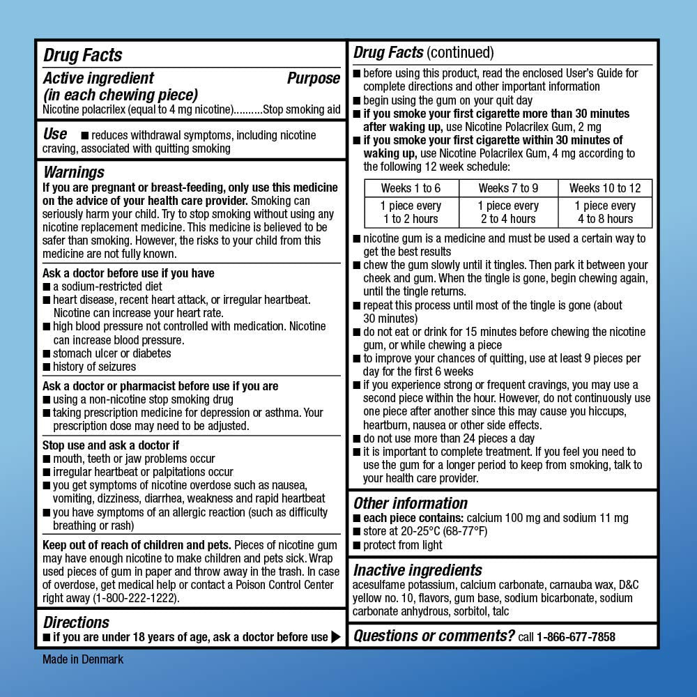 Amazon Basic Care nicotine gum 4 mg dosage label for easy use verification.