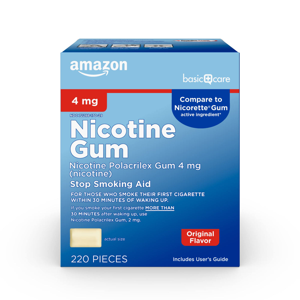 Amazon Basic Care nicotine gum 4 mg original flavor box helps manage cravings.