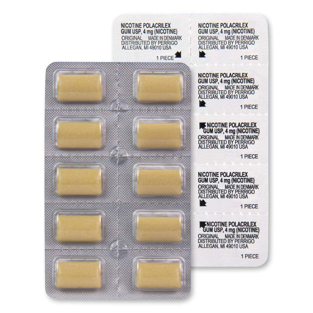 Amazon Basic Care 4 mg original gum used in a morning-use scenario for first cigarette timing.