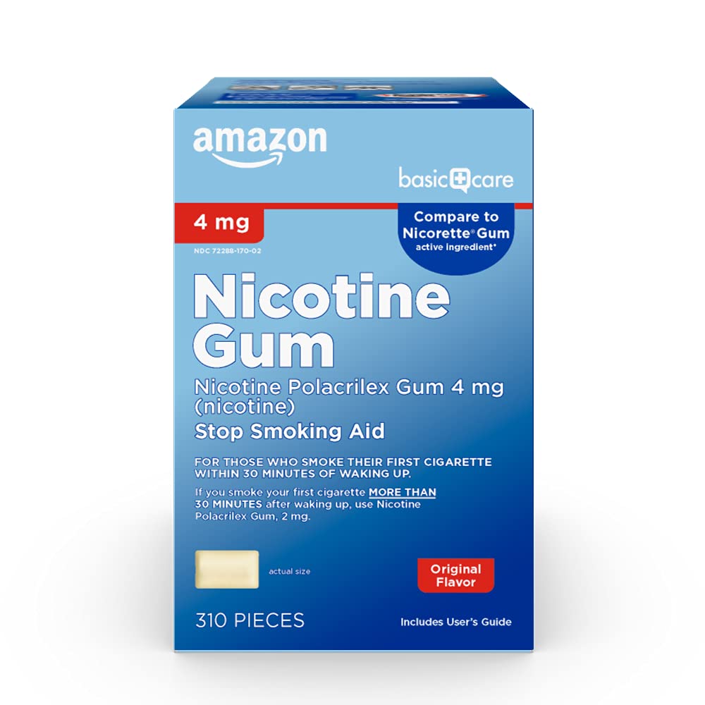 Amazon Basic Care 4 mg nicotine gum packaging on shelf for convenient quit aid.