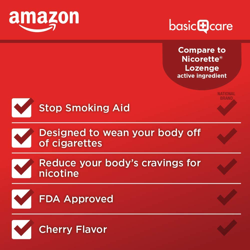 Amazon Basic Care Nicotine Lozenge 4 mg cherry tablets closeup for convenient use