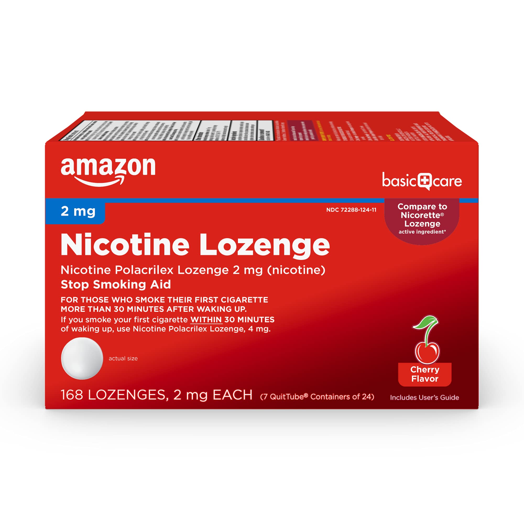 Amazon Basic Care nicotine lozenge cherry bottle offers portable craving relief.