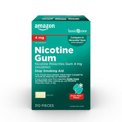 Amazon Basic Care nicotine gum 4 mg mint pack ready for cravings relief on the go.