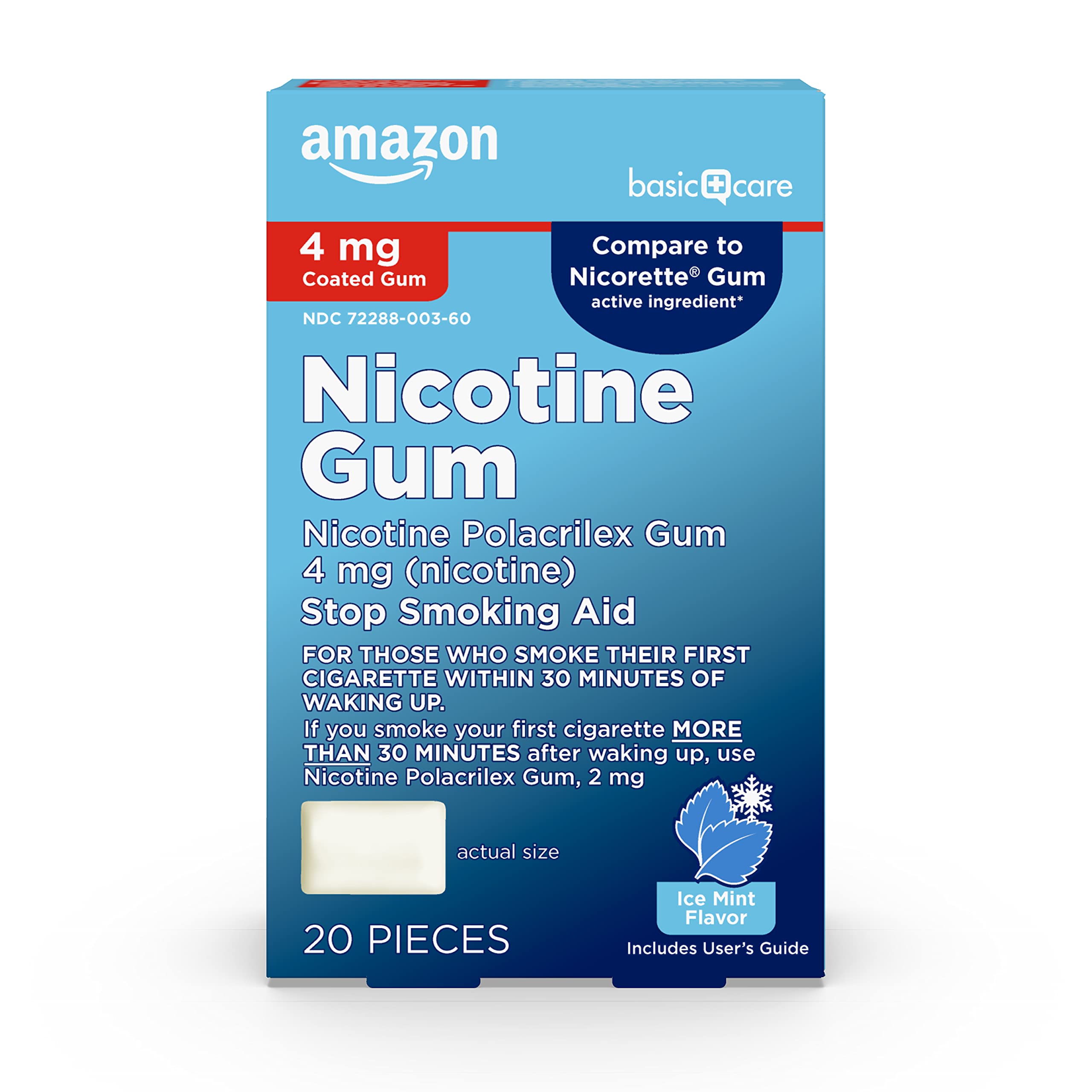 Amazon Basic Care nicotine gum 4 mg Ice Mint packaging supports cravings management