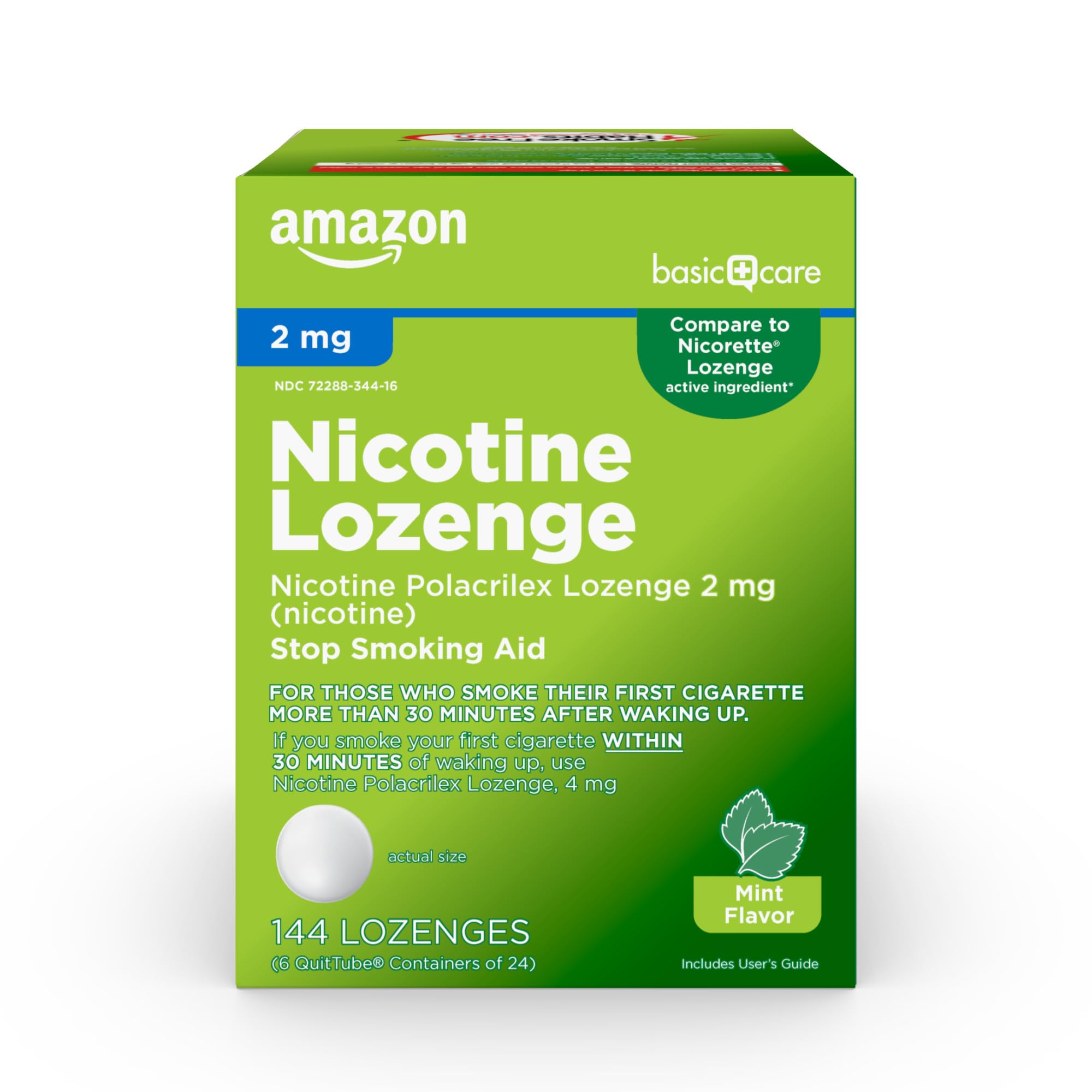 Amazon Basic Care mint lozenge packaging in a retail display, convenient quit-smoking support.