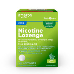 Amazon Basic Care mint lozenge packaging in a retail display, convenient quit-smoking support.