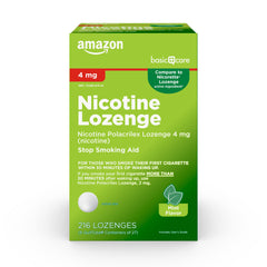 Amazon Basic Care Nicotine Polacrilex Lozenge 4 mg mint bottle front for portable craving relief.