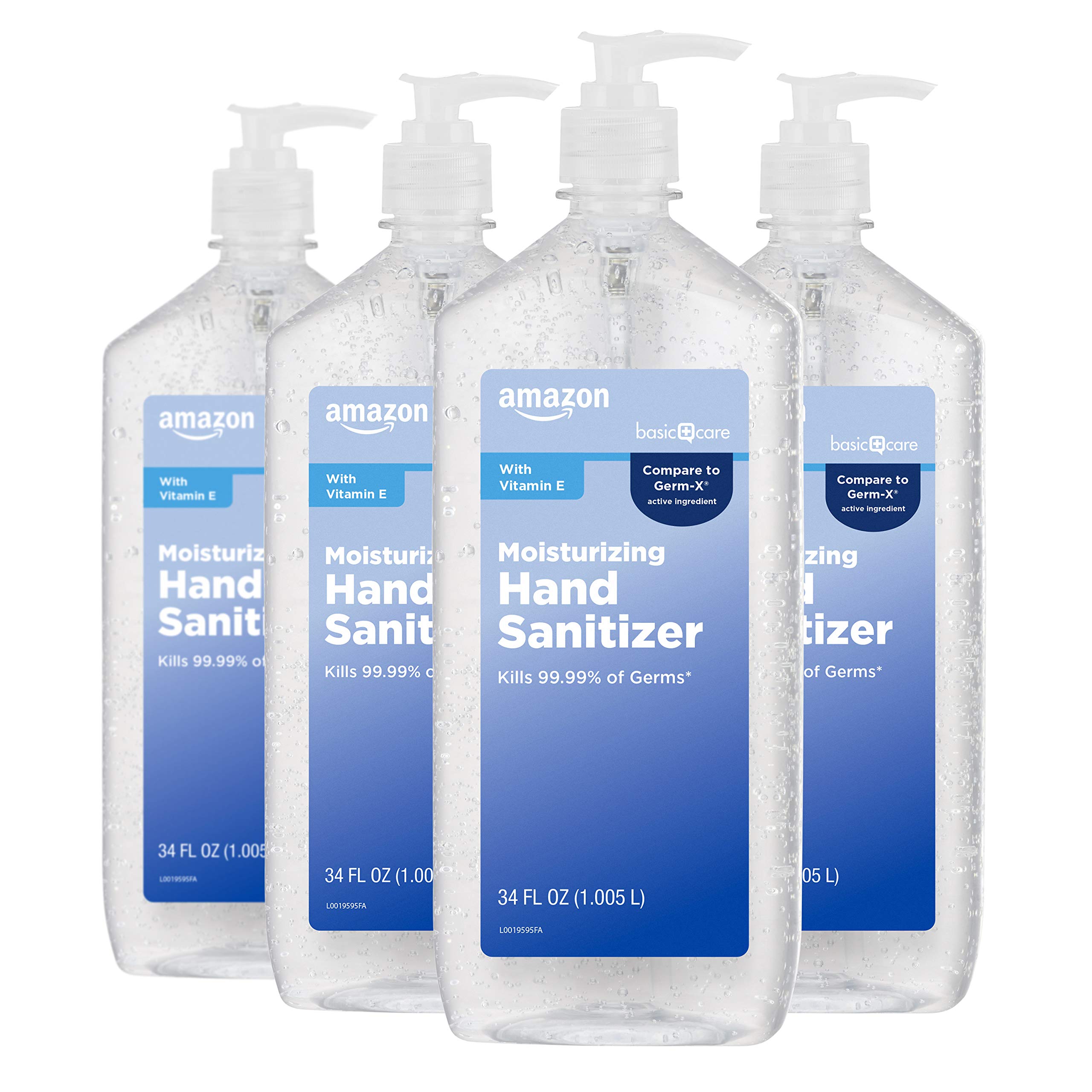 Amazon Basic Care Original Hand Sanitizer 34oz bottle for quick sanitizing on the go.