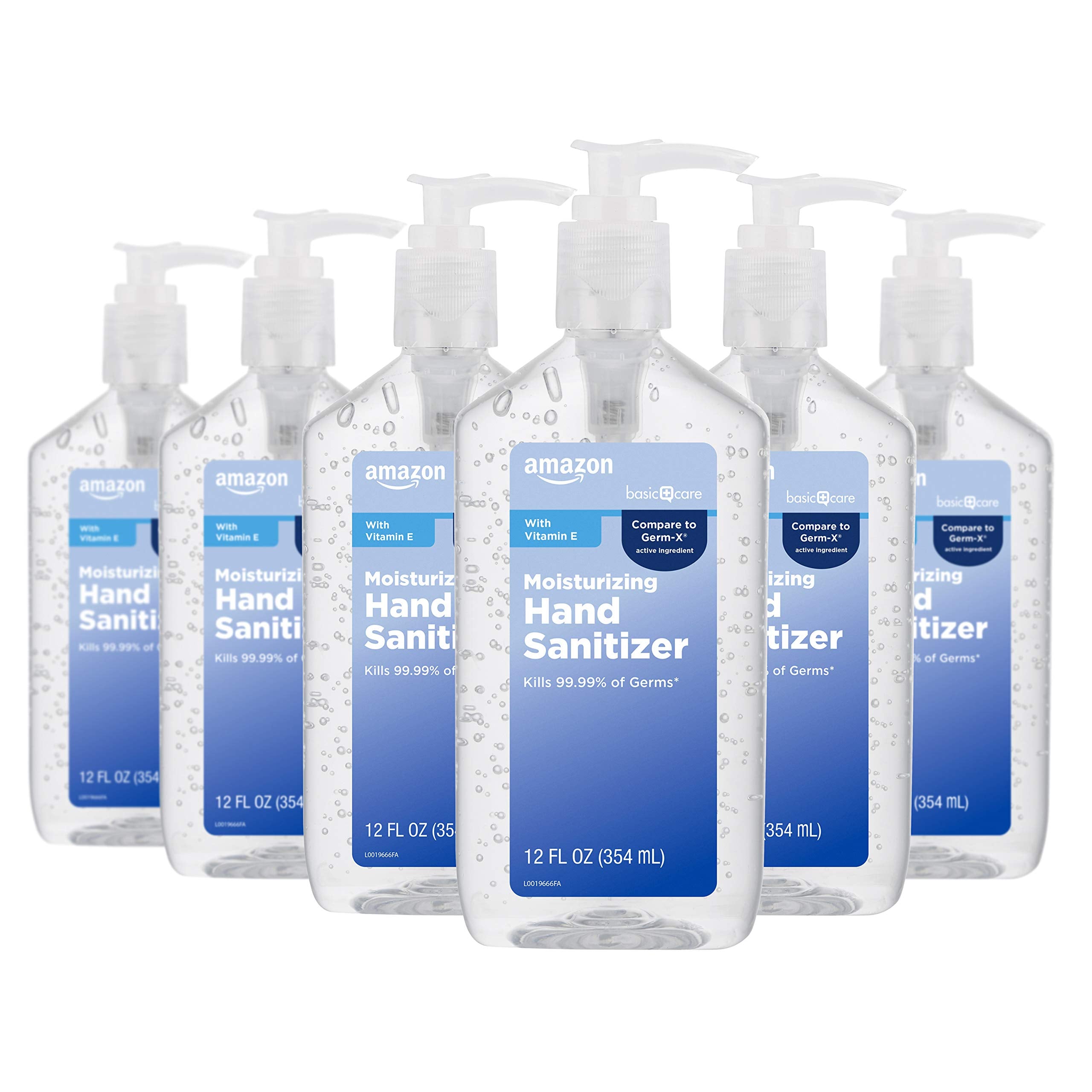 Amazon Basic Care Original hand sanitizer bottle, 62% ethyl alcohol, for quick sanitizing on the go.