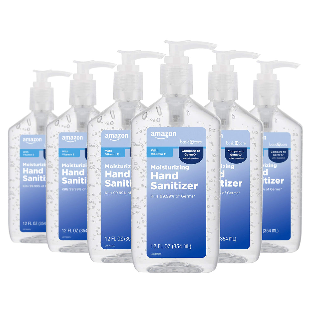 Amazon Basic Care Original hand sanitizer bottle, 62% ethyl alcohol, for quick sanitizing on the go.