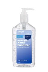 Amazon Basic Care Original hand sanitizer bottle, six-pack, keeps family clean on the move.