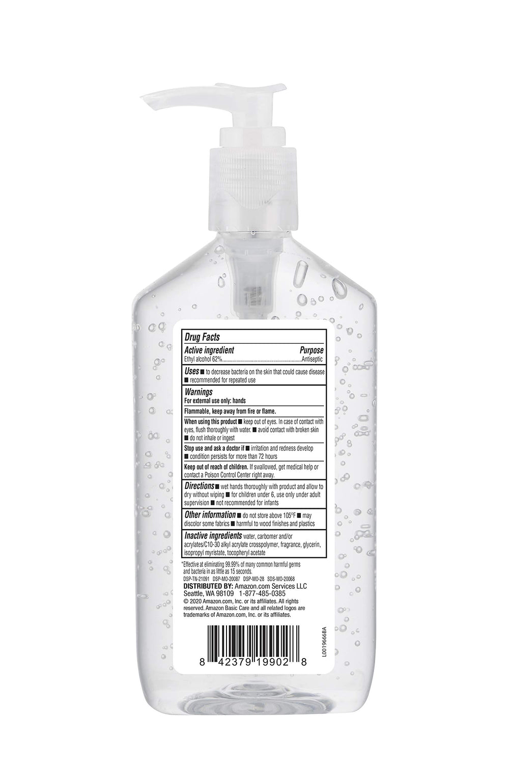 Amazon Basic Care Original hand sanitizer bottle close-up showing original scent and Vitamin E.