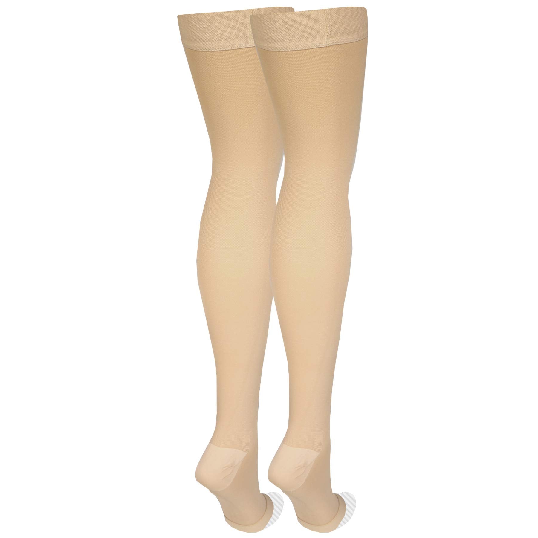 Silicone grip lining prevents rolling and slipping in Amazon Basic Care stockings.