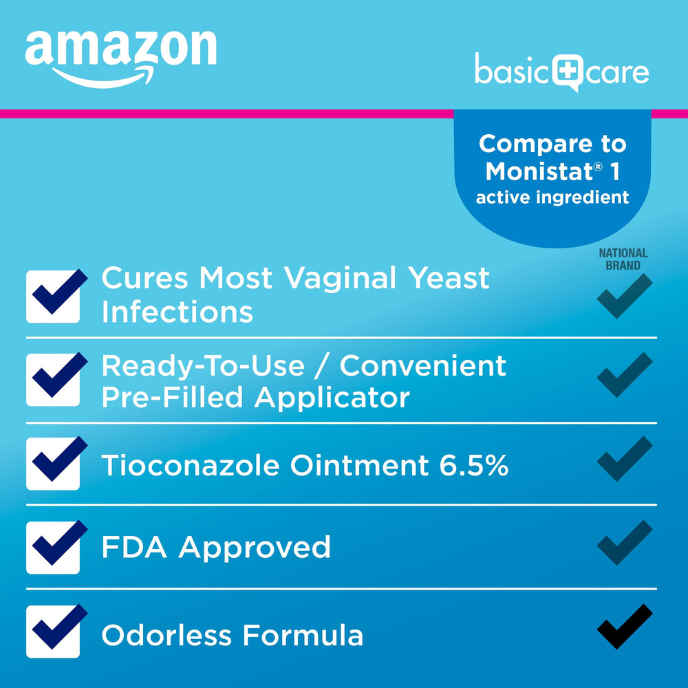 Amazon Basic Care Tioconazole Ointment provides a one-dose treatment for yeast infections.