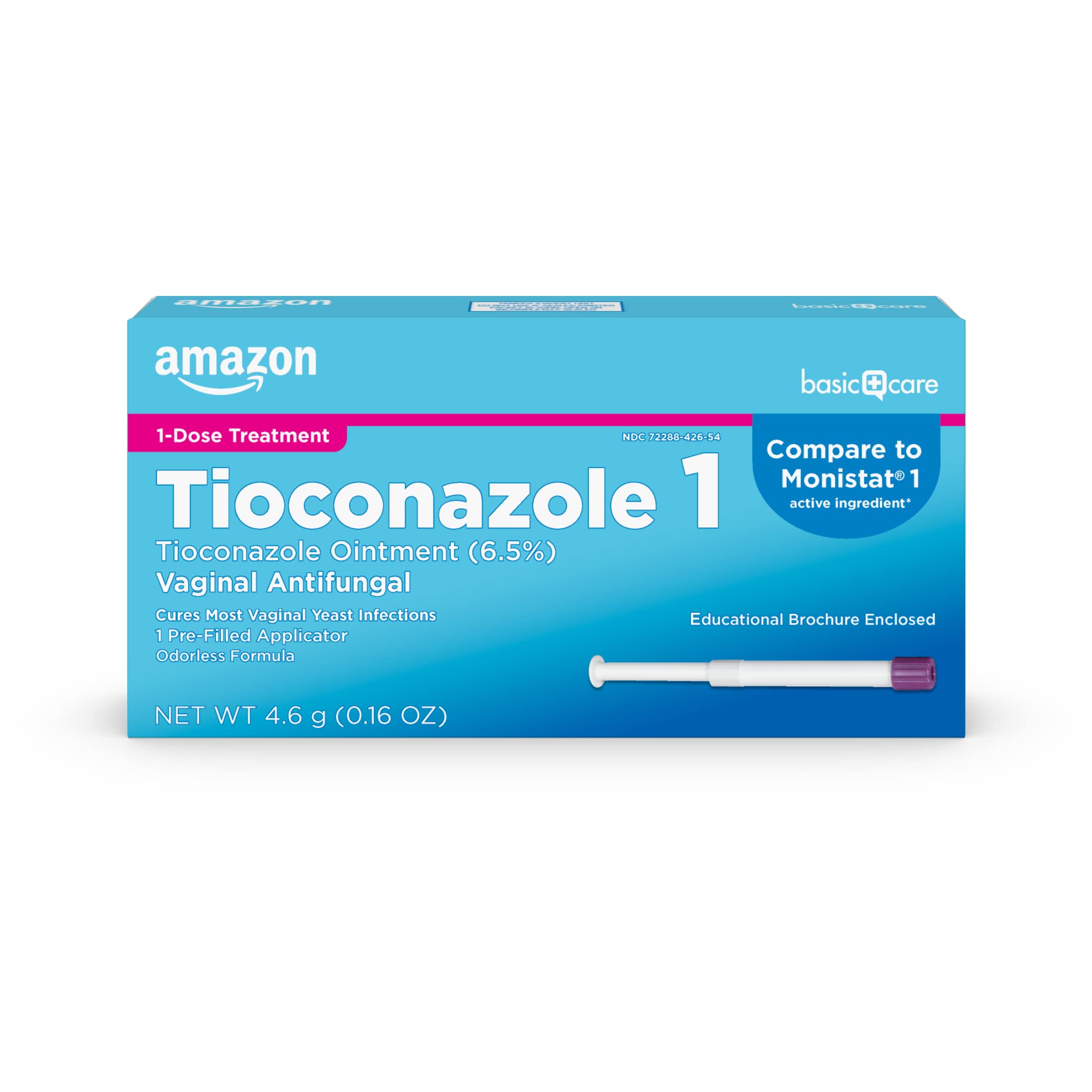 Amazon Basic Care Tioconazole Ointment with a pre-filled applicator for convenient one-dose treatment.
