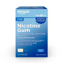 Amazon Basic Care uncoated gum packaging shows 2 mg original flavor for cravings relief.