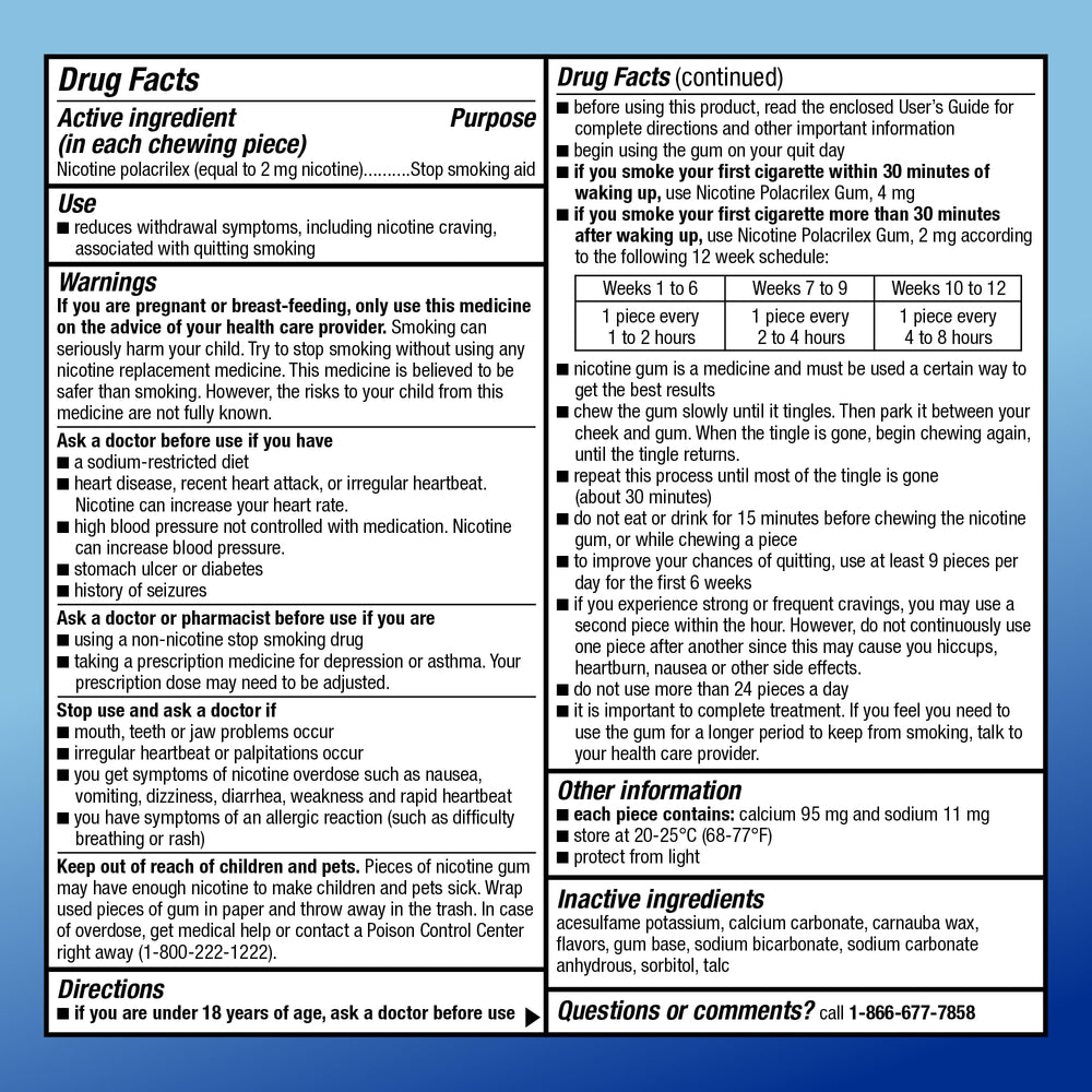 Amazon Basic Care nicotine polacrilex gum wrapper notes gluten-free and sugar-free features.