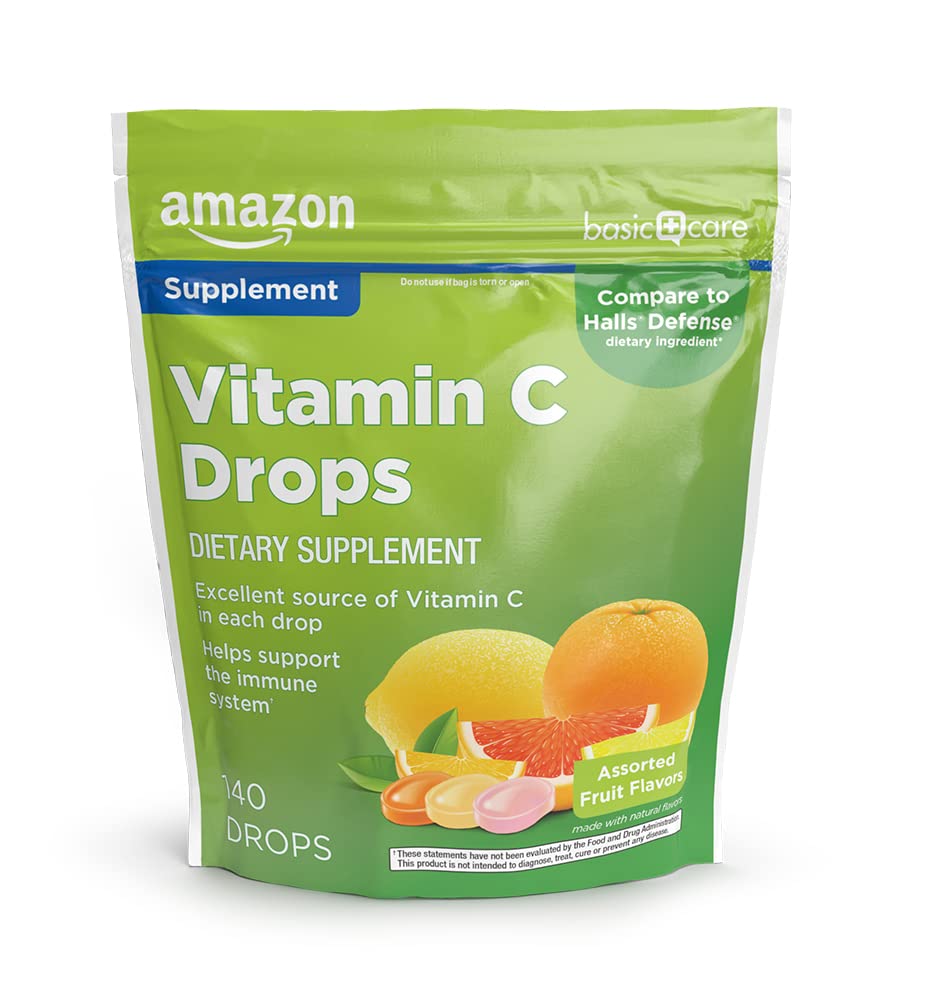 Amazon Basic Care Vitamin C Drops bottle with citrus flavors for daily vitamin C.