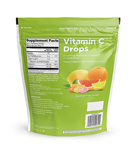 Amazon Basic Care Vitamin C Drops resealable bag keeps flavors fresh.
