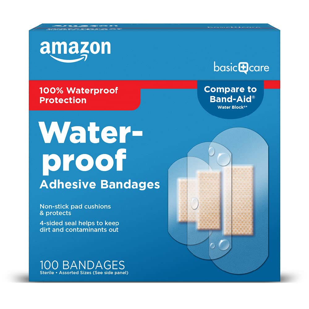 Amazon Basic Care waterproof bandage 1x2-5 inch protects wounds during daily activities