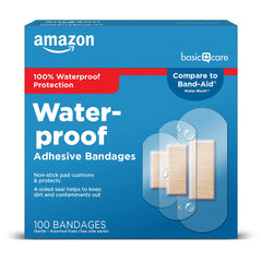 Amazon Basic Care waterproof bandage 1x2-5 inch protects wounds during daily activities