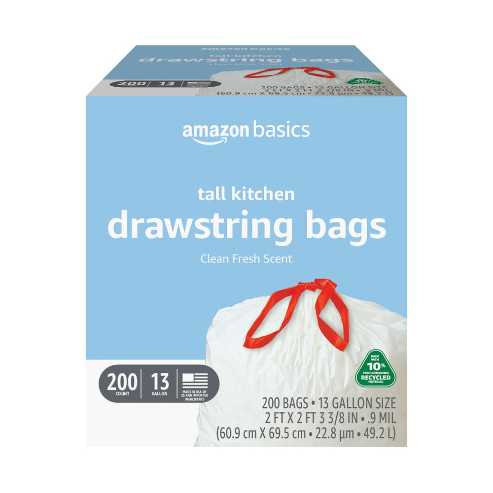 Amazon Basics 13-gallon tall trash bag with drawstring closure keeps kitchen tidy.