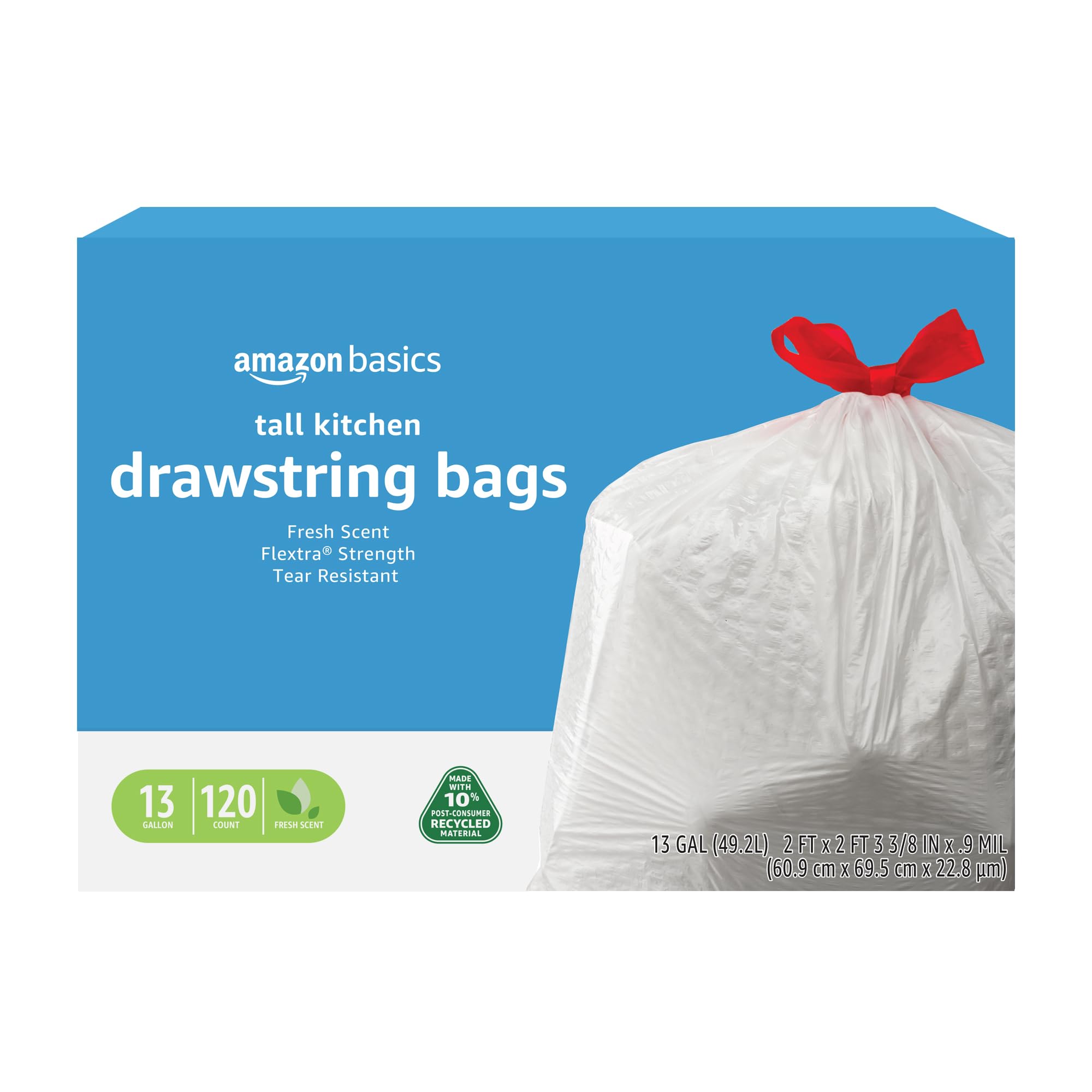 Amazon Basics 13-gallon tall trash bags with drawstring ready for easy disposal.