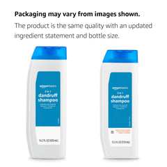 Amazon Basics 2-in-1 bottle close-up highlights Pyrithione Zinc 1% ingredient.