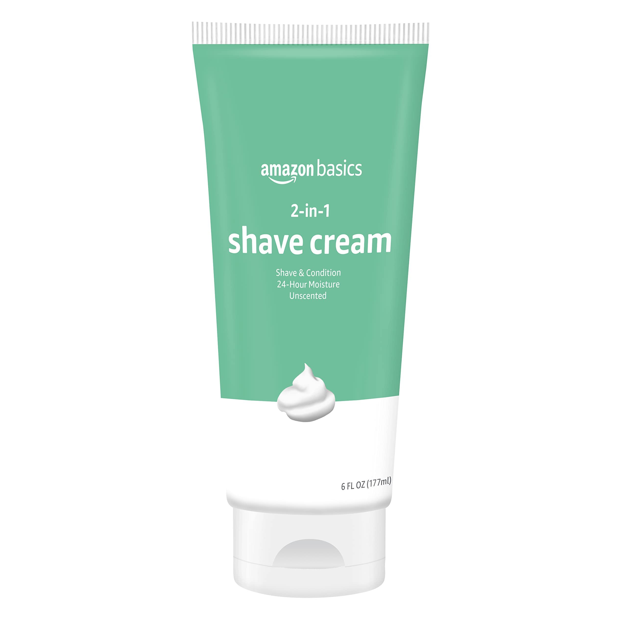 Amazon Basics 2-In-1 Shave Cream tube front view, fragrance-free for sensitive skin.