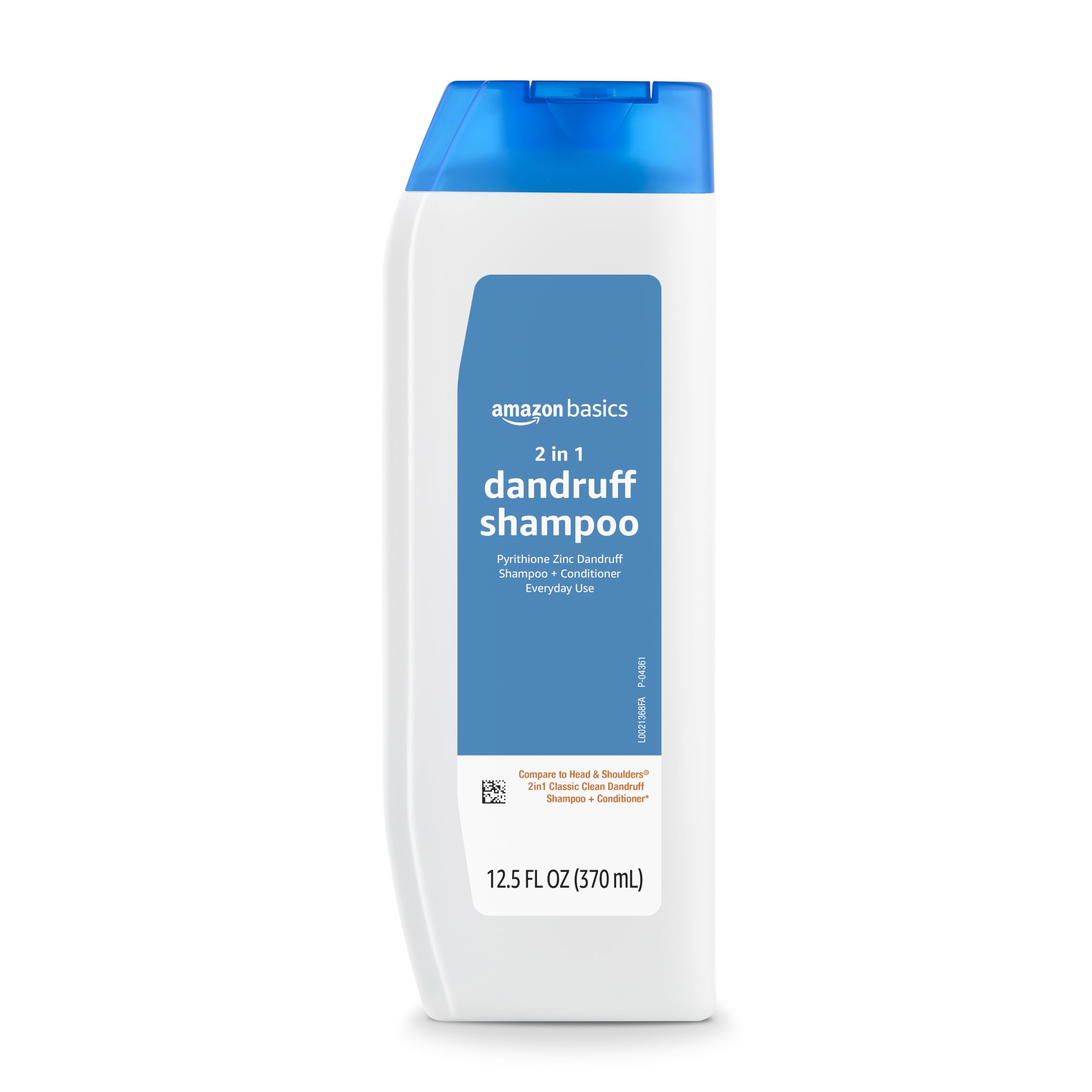 Amazon Basics 2-in-1 shampoo label close-up highlights zinc formula for scalp care