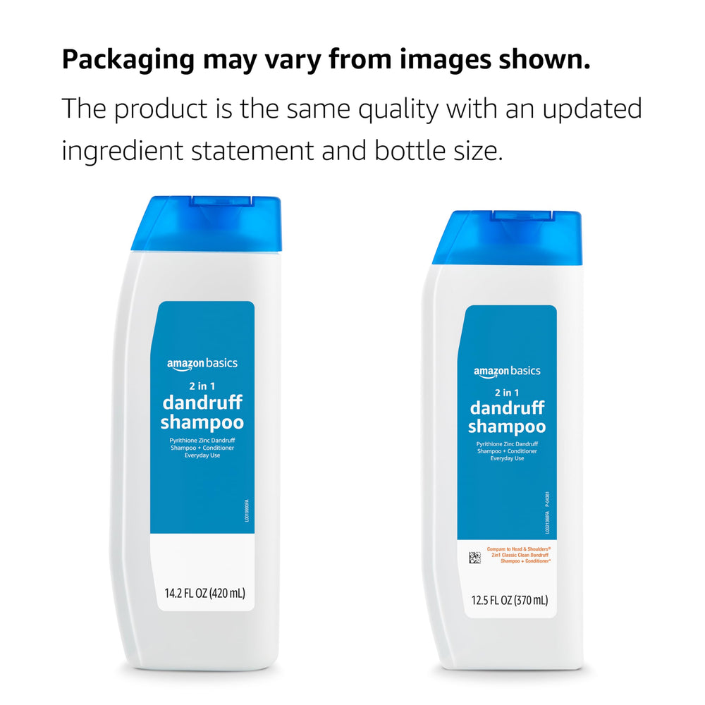 Amazon Basics 2-in-1 shampoo packaging emphasizes cruelty-free and USA-made components