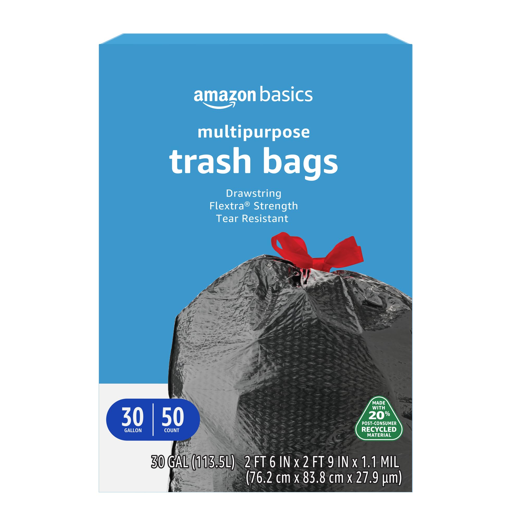 Amazon Basics 30-gallon flextra embossed bags resist tears during heavy disposal