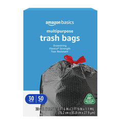 Amazon Basics 30-gallon flextra embossed bags resist tears during heavy disposal
