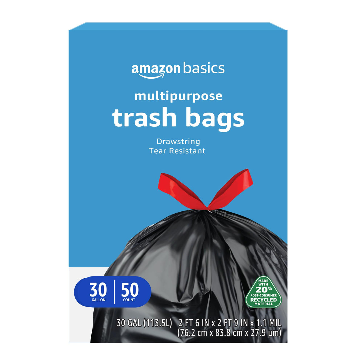 Amazon Basics 30-gallon trash bag showing ample capacity for large cleanups