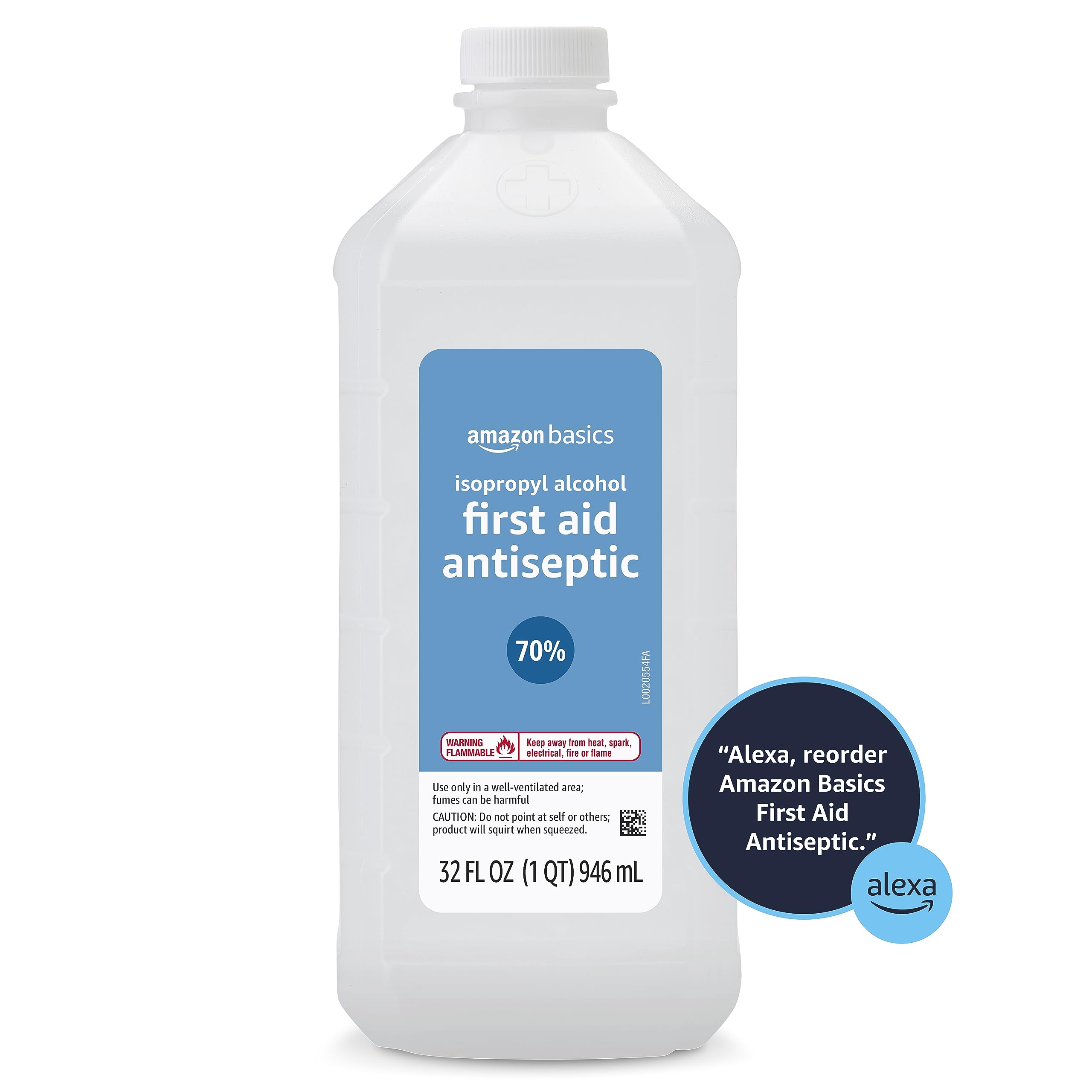 Amazon Basics 32-ounce bottle on display for home first aid kits.