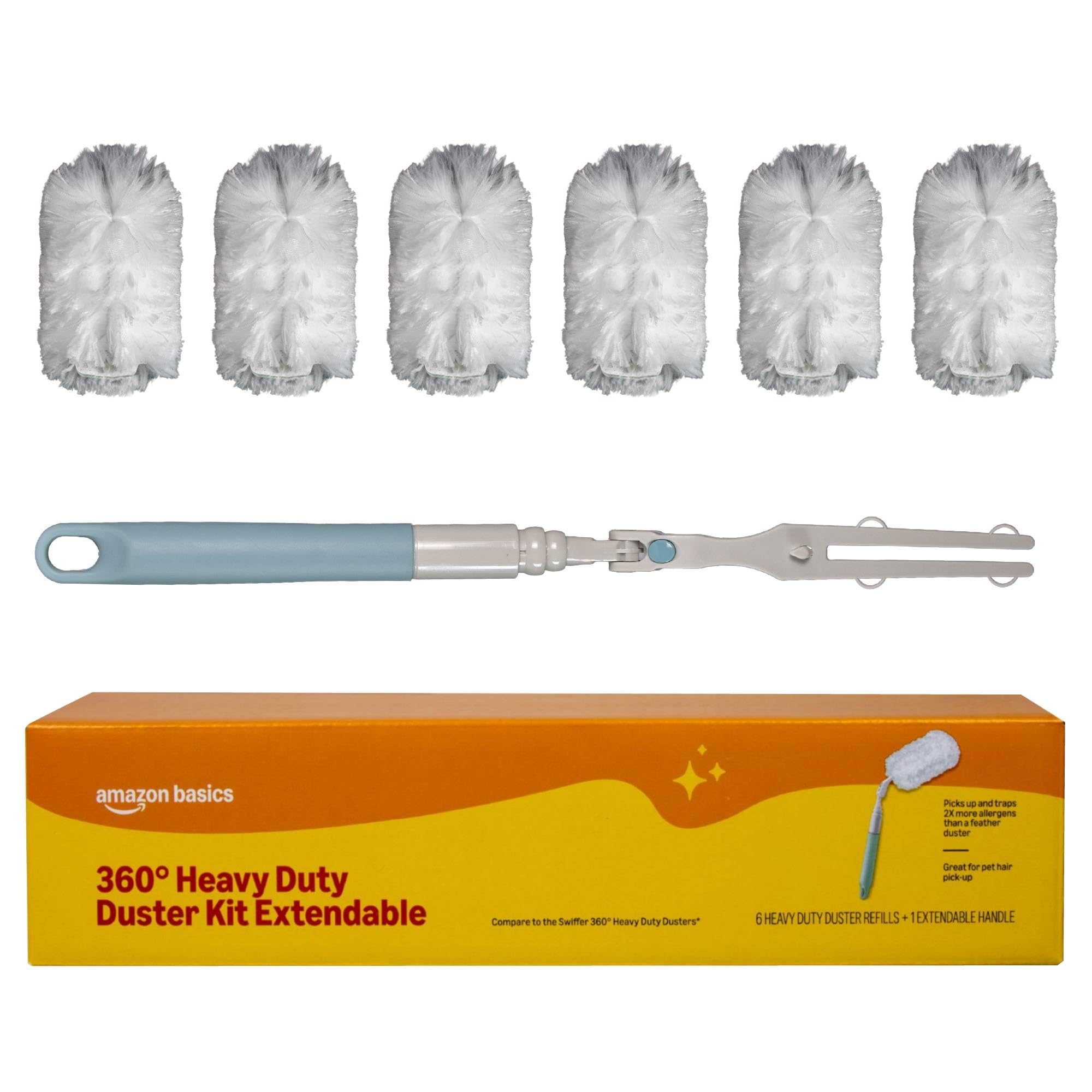 Amazon Basics 360° duster with extendable handle reaching high surfaces.