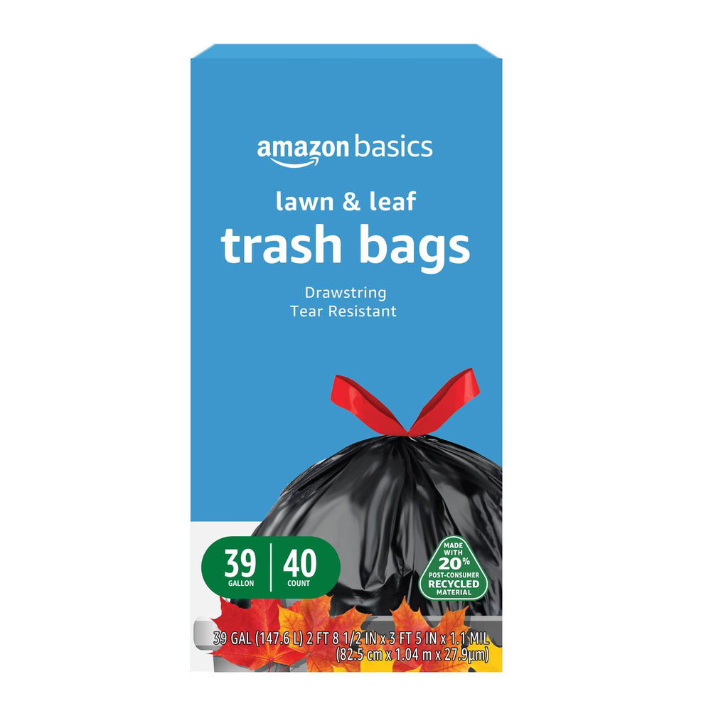 Amazon Basics 39-gallon black trash bag with red drawstring for quick tying and carrying