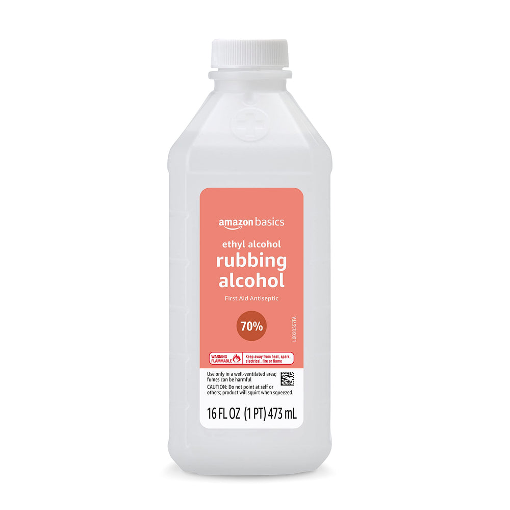 Amazon Basics 70% ethyl rubbing alcohol pack of 12 bottles in a box