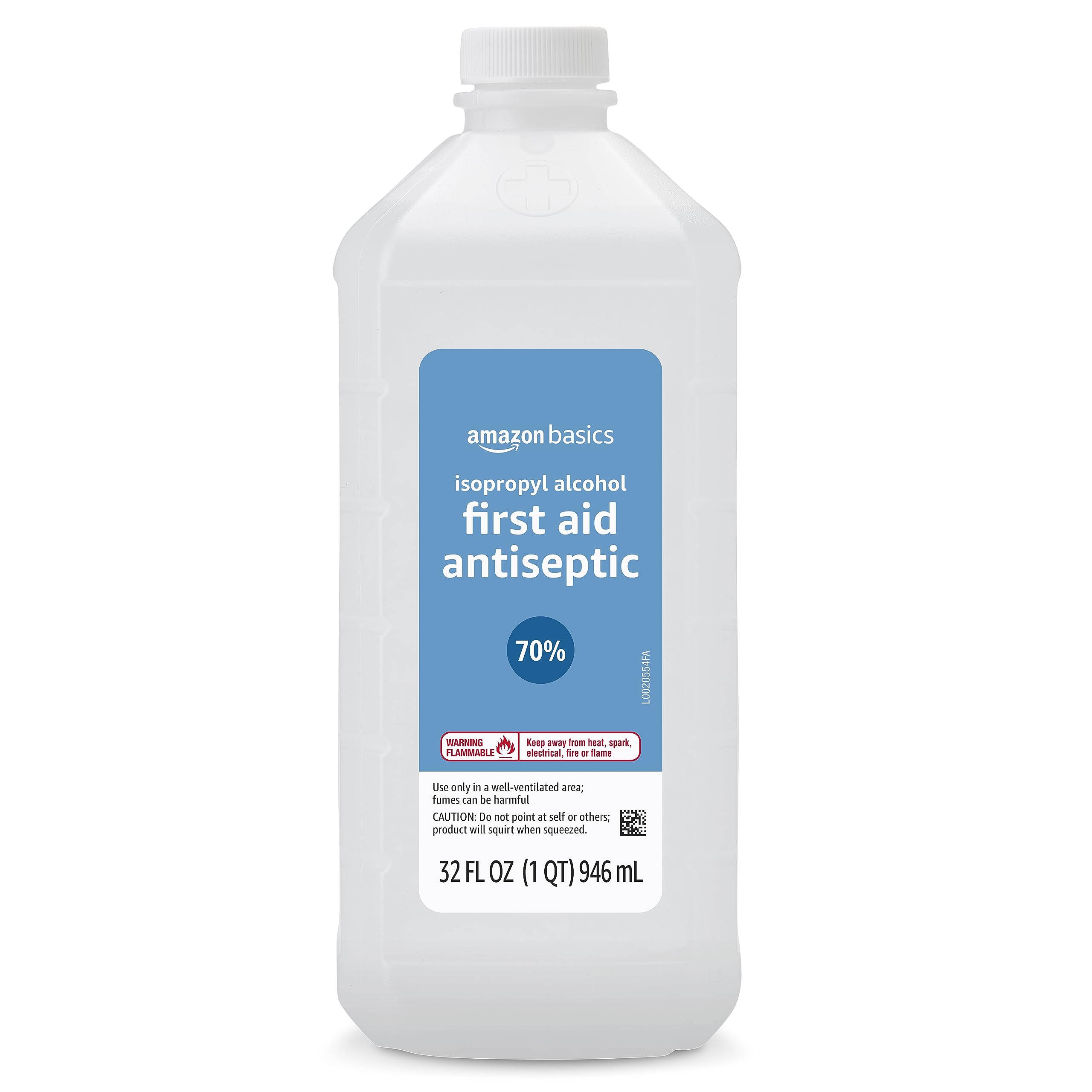 Amazon Basics 70% isopropyl alcohol bottle front for first aid and surface sanitization.