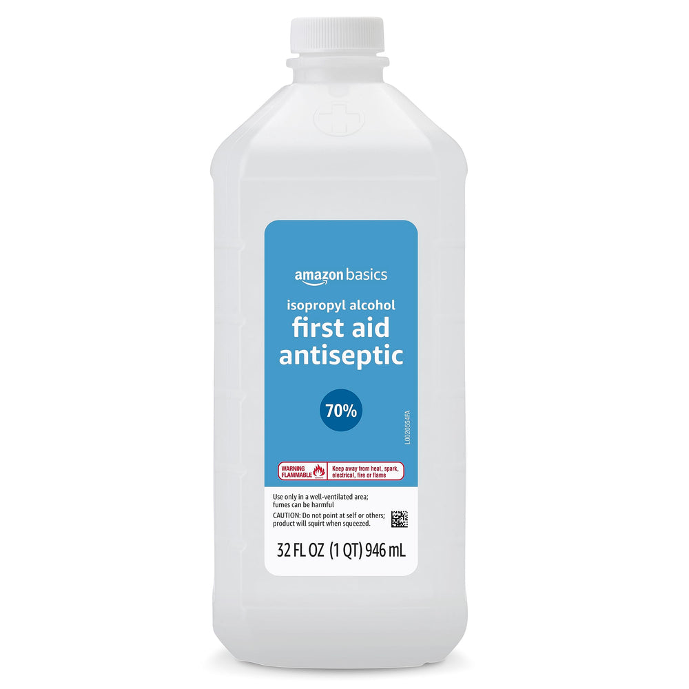 Amazon Basics 70% isopropyl alcohol bottle front for first aid and surface sanitization.